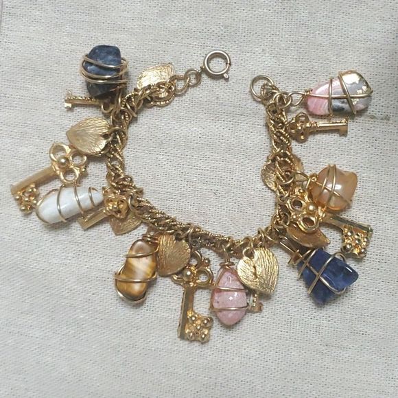 American Vintage Jewelry - Vintage OOAK Gold Gemstone Heart Key Charm Bracelet Artisan Piece